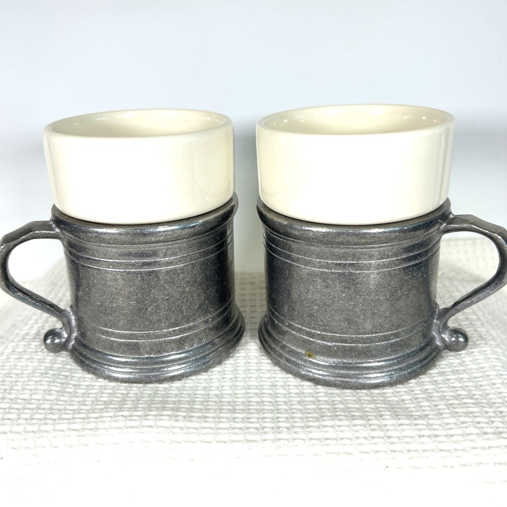 RWP Wilton Armetal Plough Tavern Set of 2 Pewter w/ Ceramic Liners Coffee Mugs